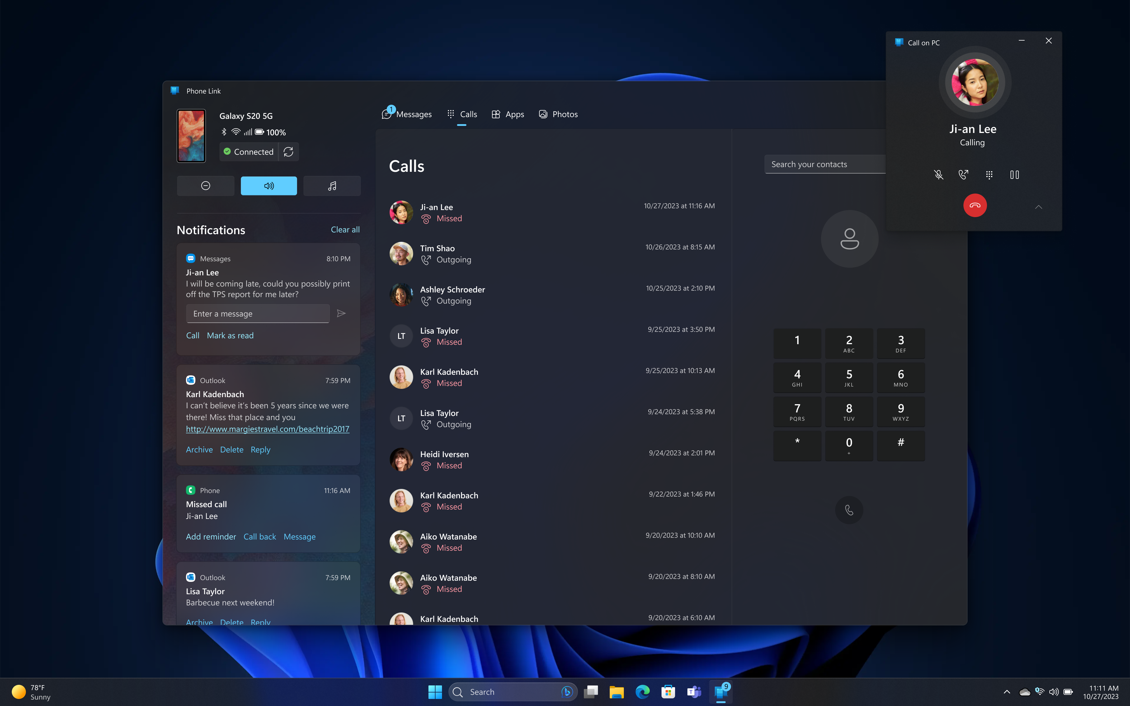 ภาพหน้าจอของอุปกรณ์ Windows 11 Pro ที่แสดง Phone Link ที่เชื่อมต่อโทรศัพท์ Android แสดงประวัติการโทรและการแจ้งเตือน