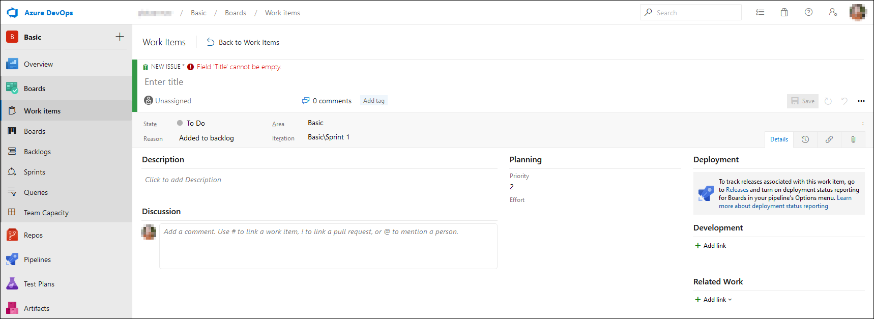 Screenshot of the new work item page with required fields.
