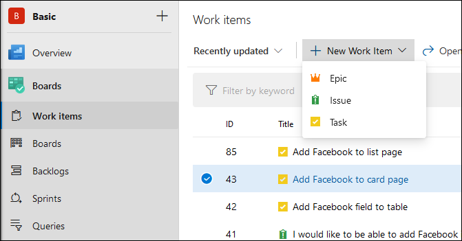 Screenshot of the new work item menu.