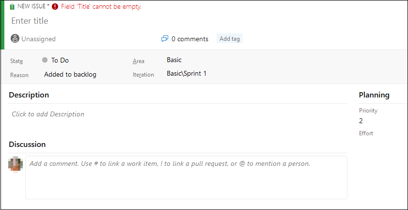 Screenshot of the New Work item details.