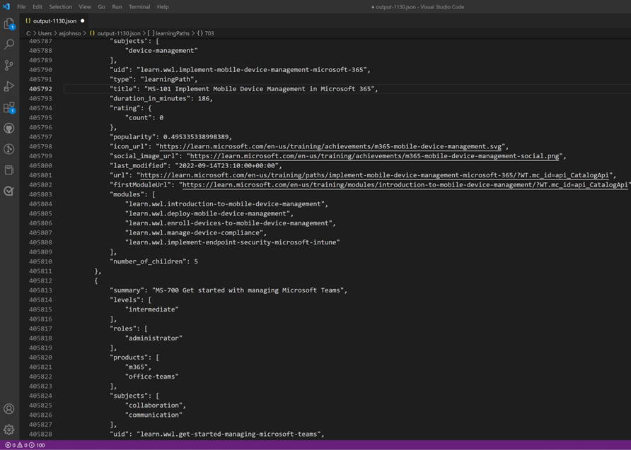 Screenshot of the Learn Catalog API output in Visual Studio Code.