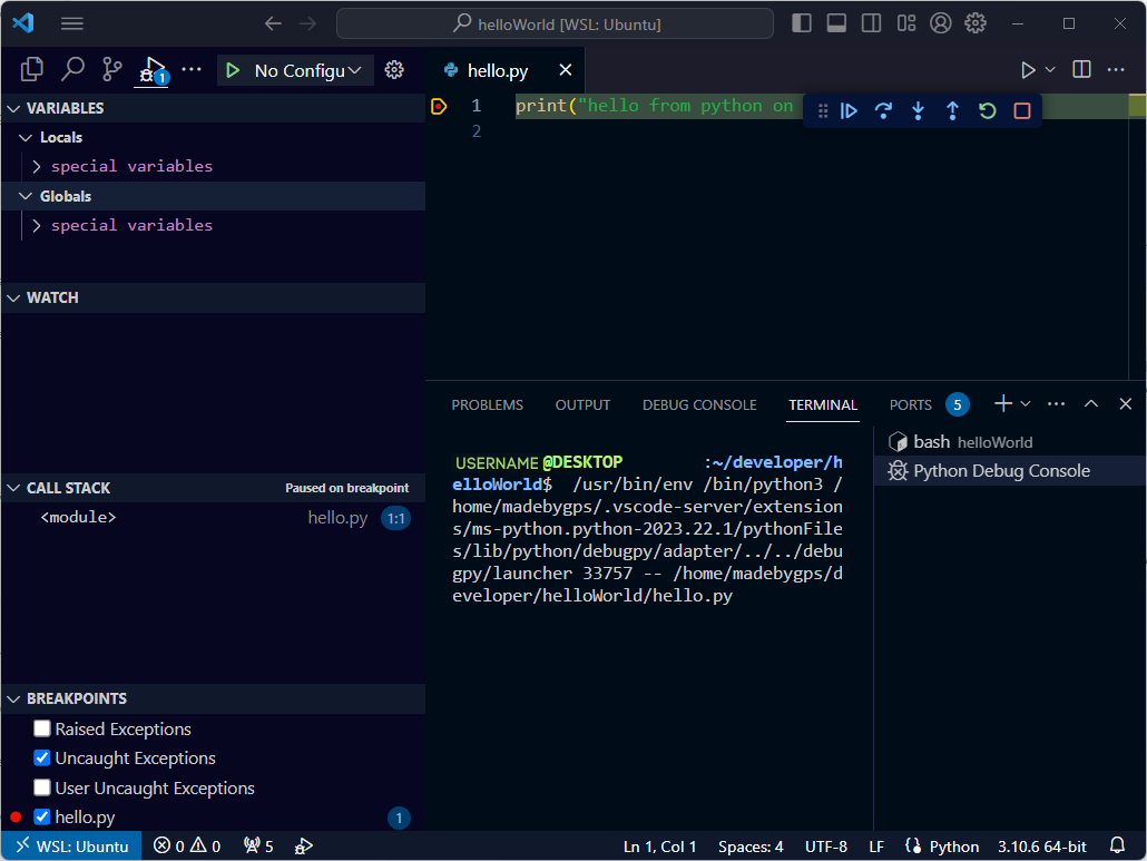 สกรีนช็อตของเทอร์มินัล Visual Studio Code WSL