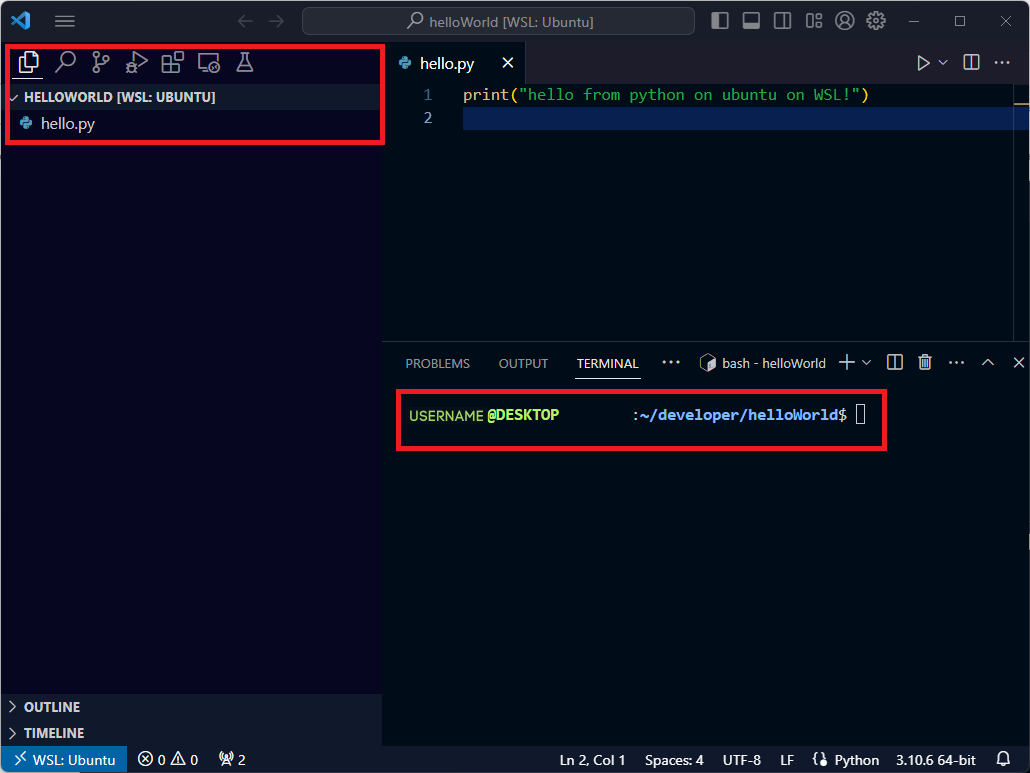 สกรีนช็อตของโครงการ Python เปิดขึ้นในรหัส Visual Studio ด้วย WSL