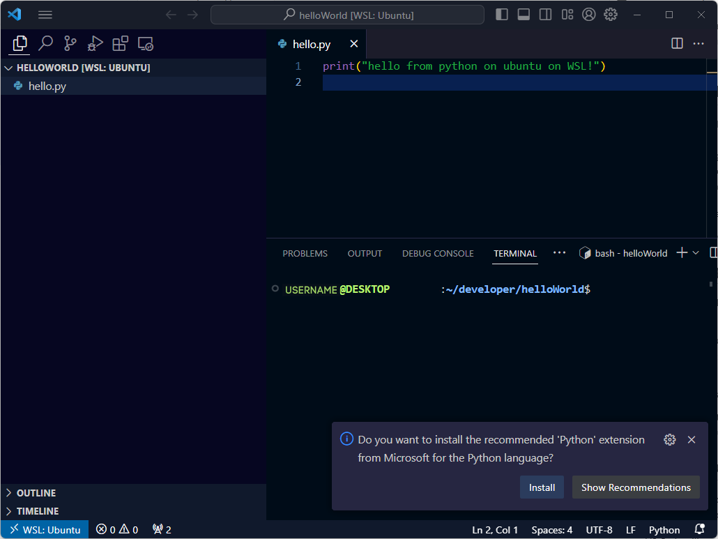 สกรีนช็อตของพร้อมท์ให้ติดตั้งส่วนขยาย Python ใน Visual Studio Code