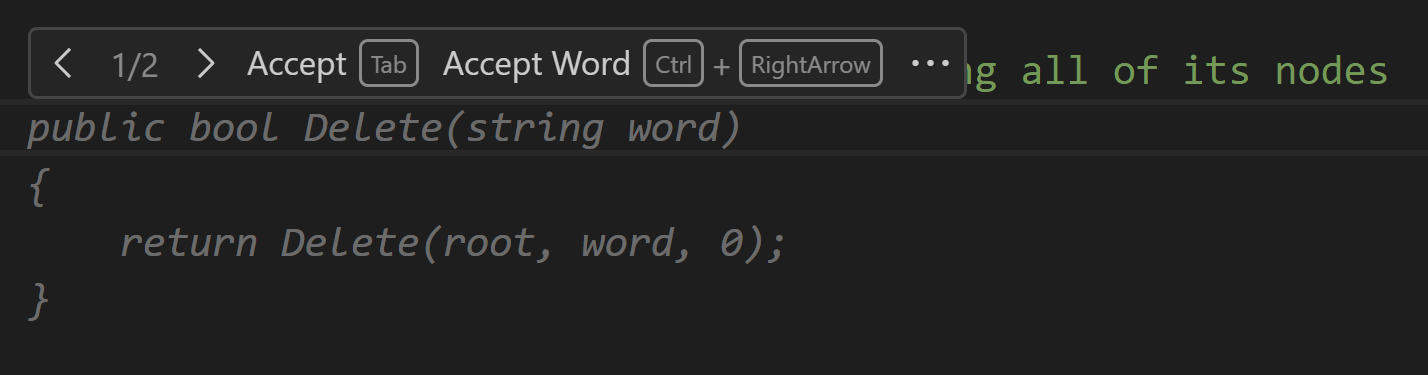 สกรีนช็อตของคําแนะนําโค้ด Copilot หนึ่งในสองรายการ