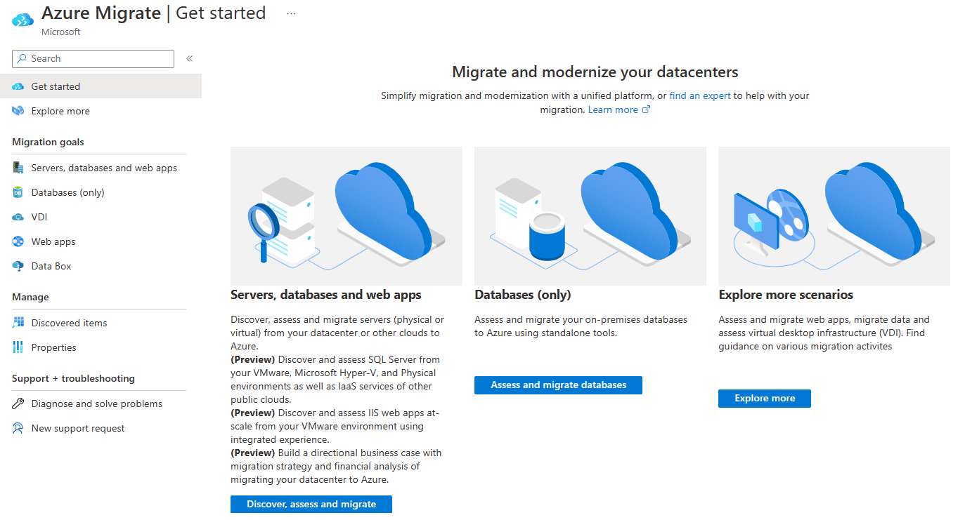 ภาพหน้าจอที่แสดง Azure Migrate: เครื่องมือการค้นพบและการประเมิน