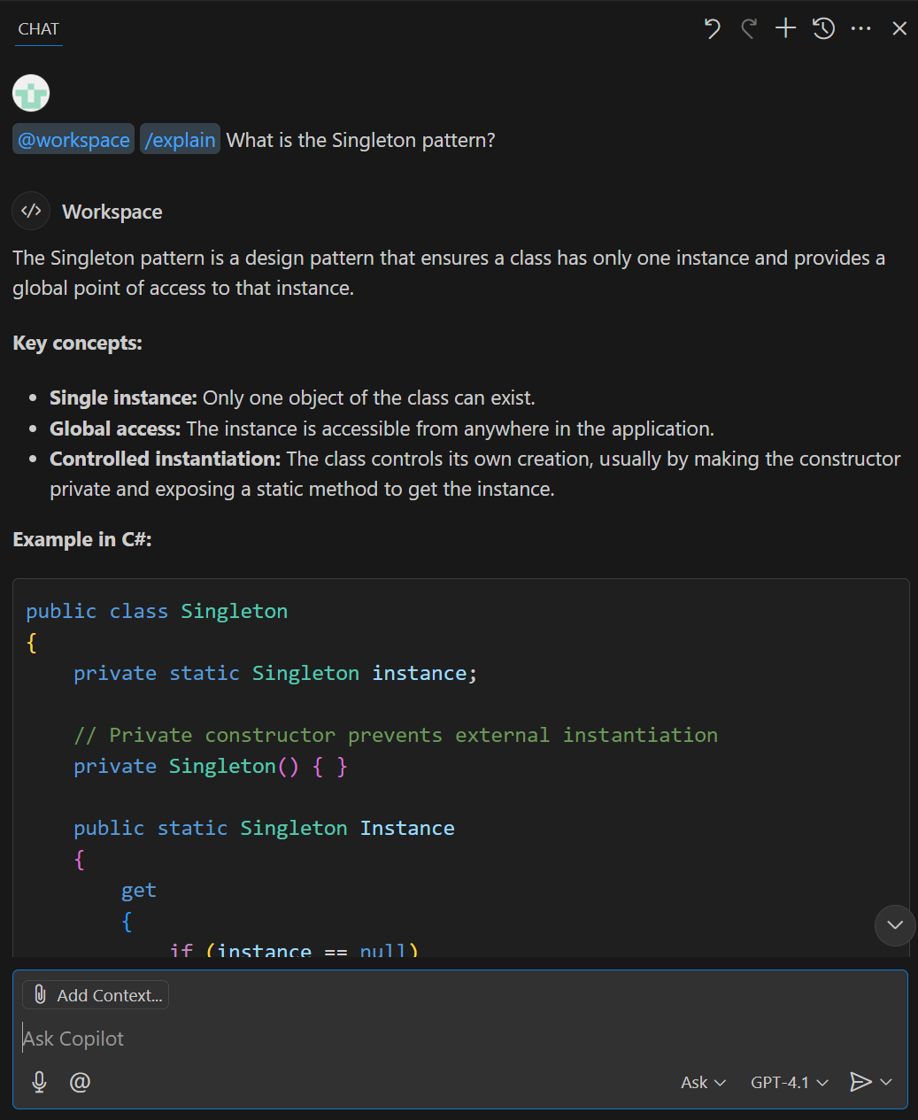 สกรีนช็อตที่แสดงมุมมองแชทที่ถามเกี่ยวกับรูปแบบ Singleton