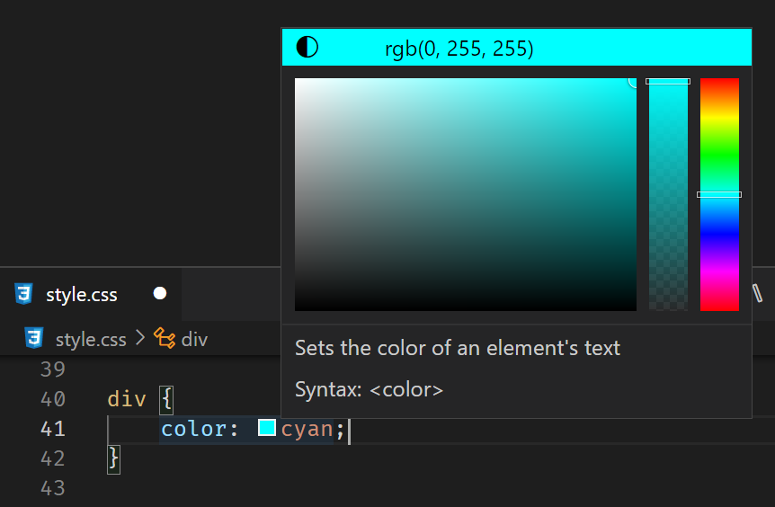 สกรีนช็อตของตัวเลือกสีจาก Visual Studio Code