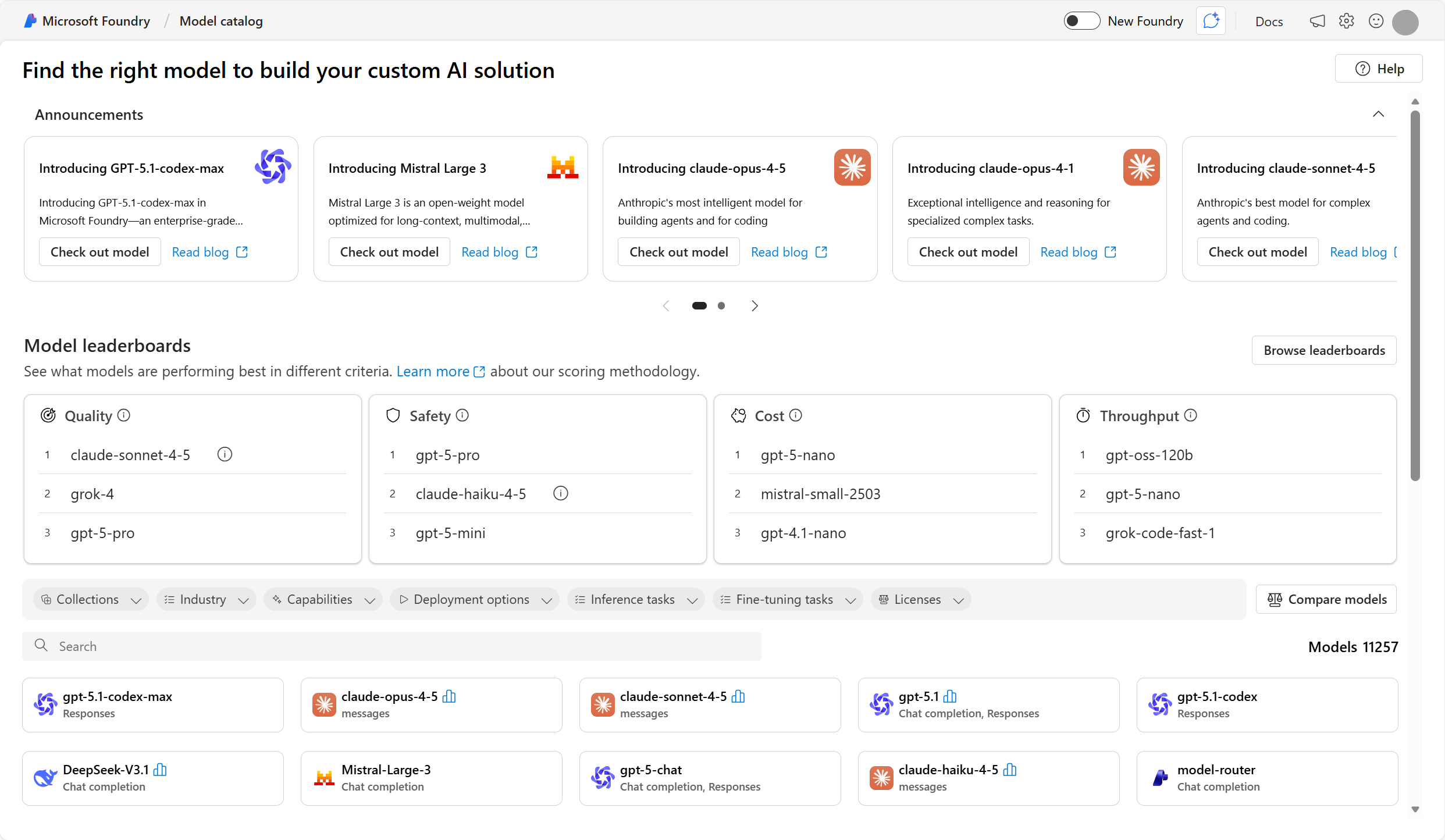 ภาพหน้าจอของแคตตาล็อกโมเดลของ Microsoft Foundry