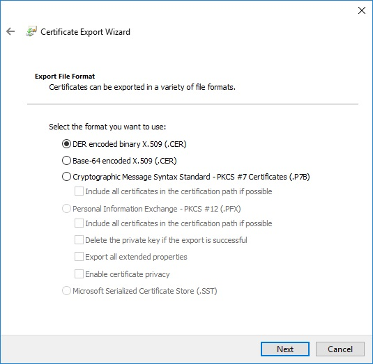 Screenshot of the page to check DER encoded binary X.509 (.CER) option.