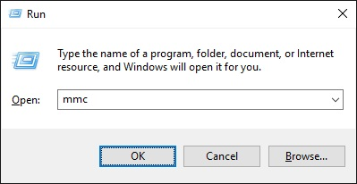 Screenshot of the Run window entering mmc.