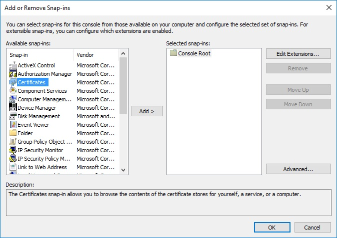 Screenshot of the Add or Remove Snap-ins dialog with Certificates item selected.