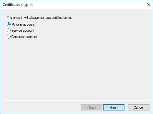 Screenshot of the Certificates snap-in dialog with my user account checked.