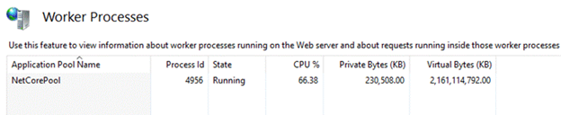 Screenshot of Worker Processes in IIS Manager.