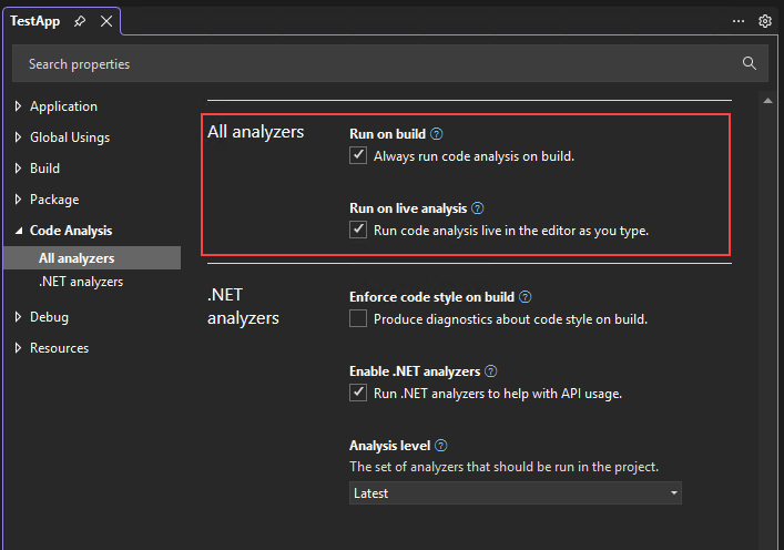 Screenshot that shows the Code Analysis properties page.