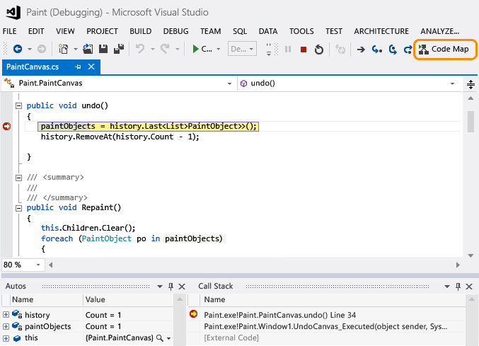 Choose Code Map to start mapping call stack