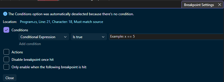 Screenshot showing how to set a conditional breakpoint in Visual Studio.