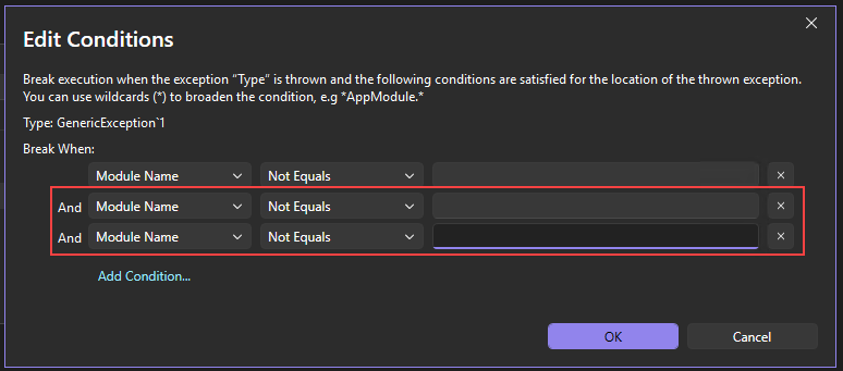 Extra conditions for an exception Screenshot that shows extra conditions for an exception.