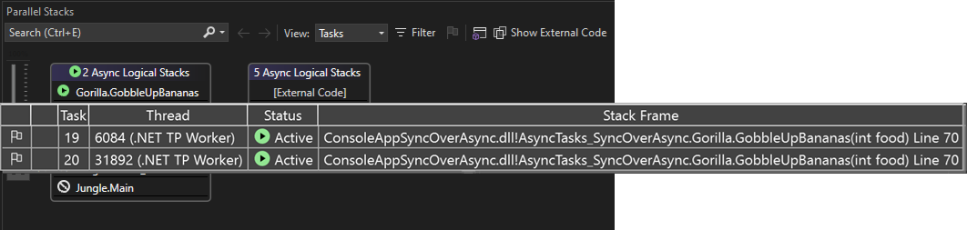Screenshot of the threads associated with the call stack.