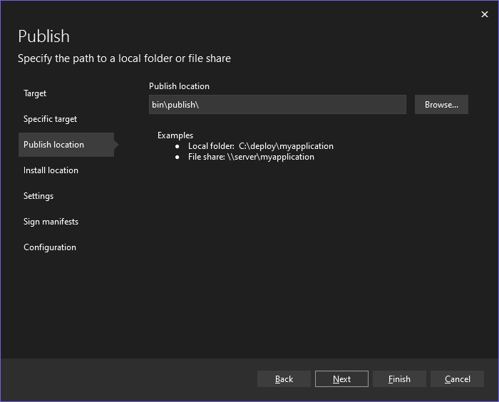 Enter a Path Specify the path for the publish location