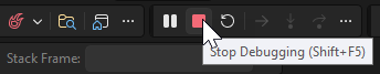 Screenshot shows the Debugging toolbar where you can stop the app.