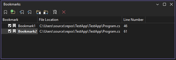 Screenshot that shows the Bookmarks window and the Bookmarks toolbar.