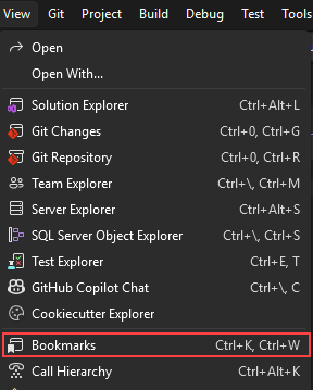 Screenshot that shows the Bookmarks window option in the View menu.