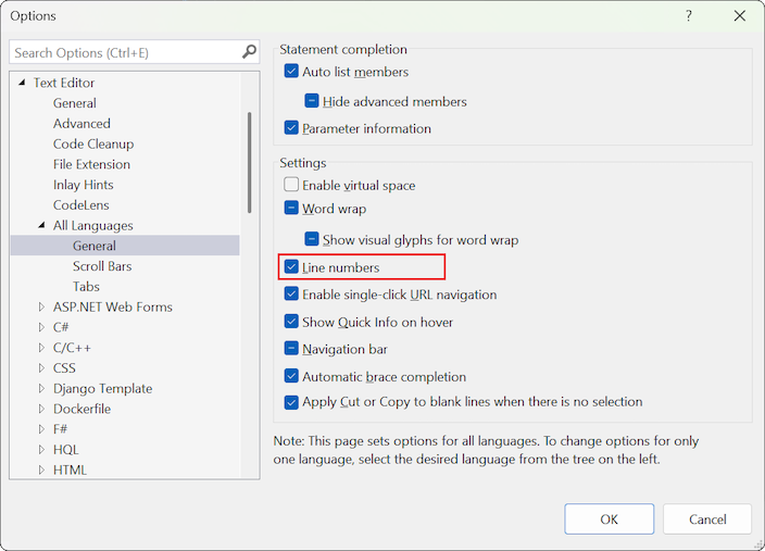 Screenshot that shows how to set the default line number option for all languages.