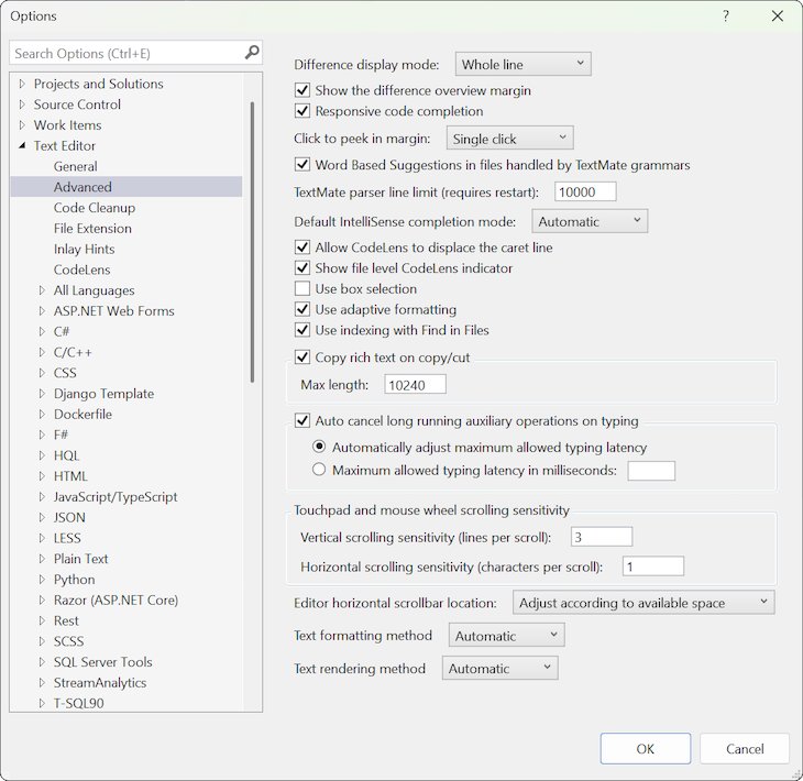 Screenshot of the Advanced settings for the text editor in the Options dialog box.
