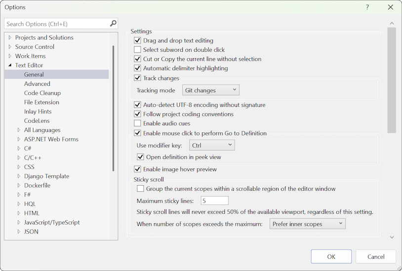 Screenshot of the Text Editor General settings in the Tools Options dialog.