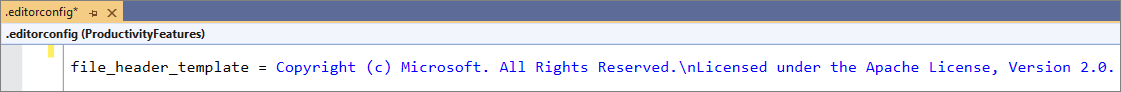 Screenshot of the EditorConfig file showing the file_header_template value.