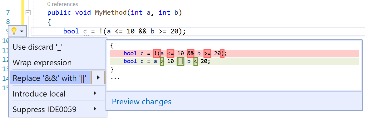 Screenshot of the Replace && with || option.