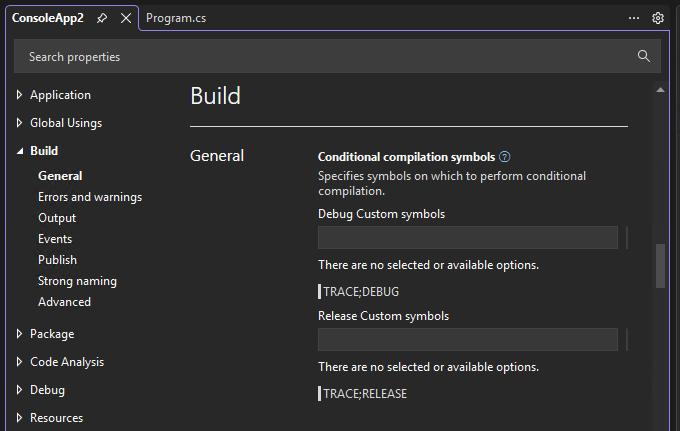 Screenshot of the Project Designer, with the Build tab selected.