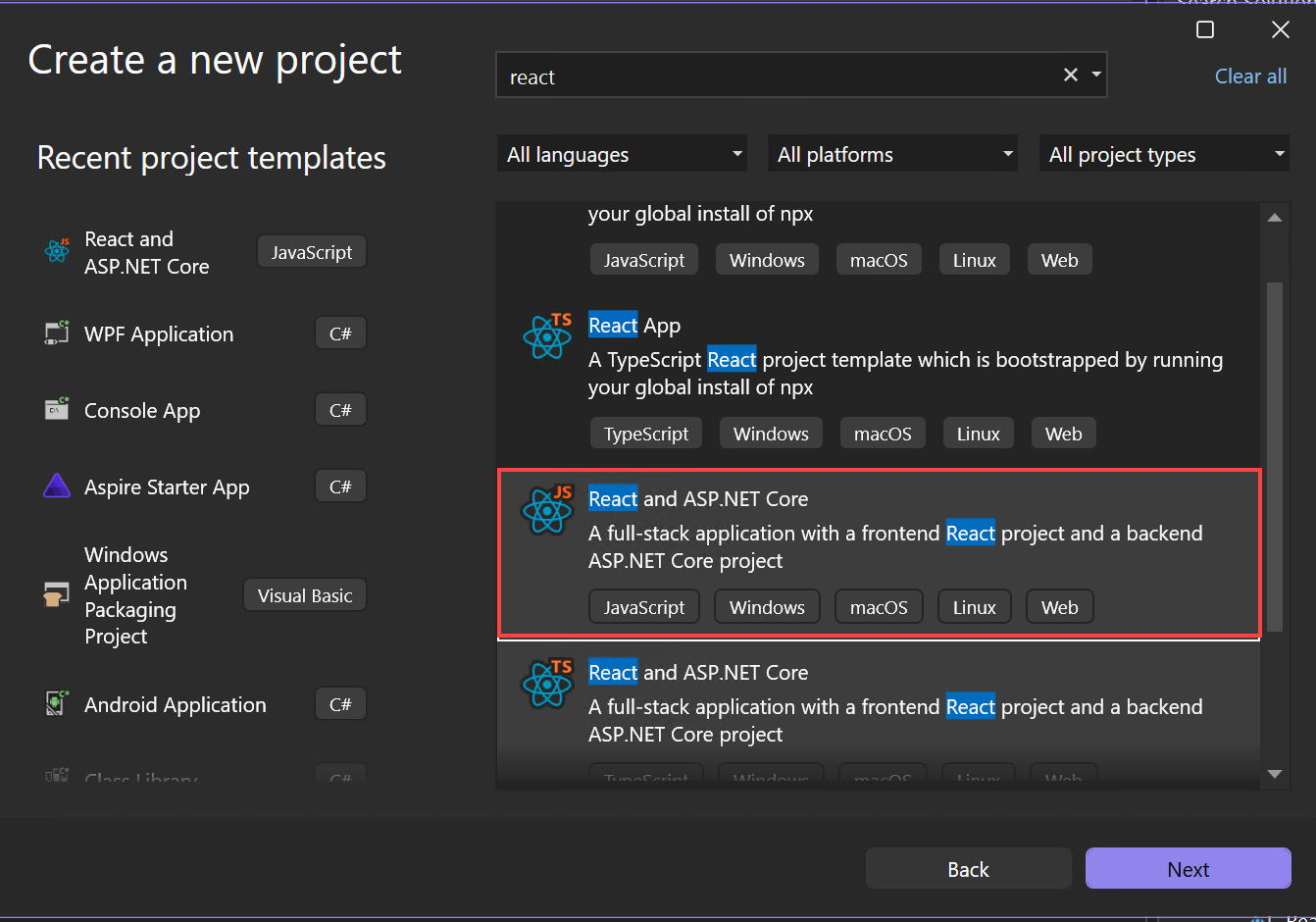 Screenshot showing choosing a template.