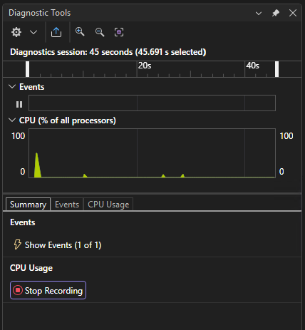 Screenshot that shows Diagnostics Tools Summary tab.