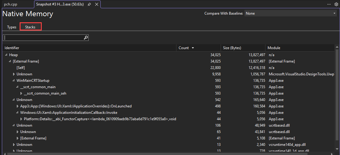 Screenshot of Stacks view.
