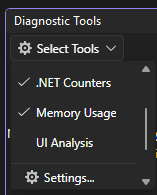 Screenshot of the Diagnostic Tools window with the Memory Usage tool selected in the Select Tools dropdown.