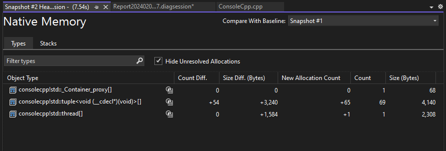 Screenshot of Native Types Diff View.