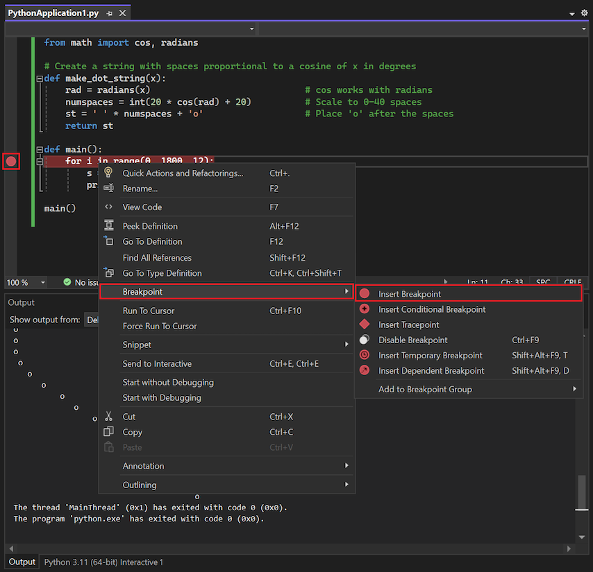 Screenshot that shows how to set a breakpoint in the Debugger in Visual Studio.