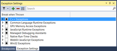 Exceptions Settings - Break when Thrown window