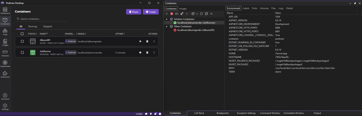 Podman in Container Tools Window