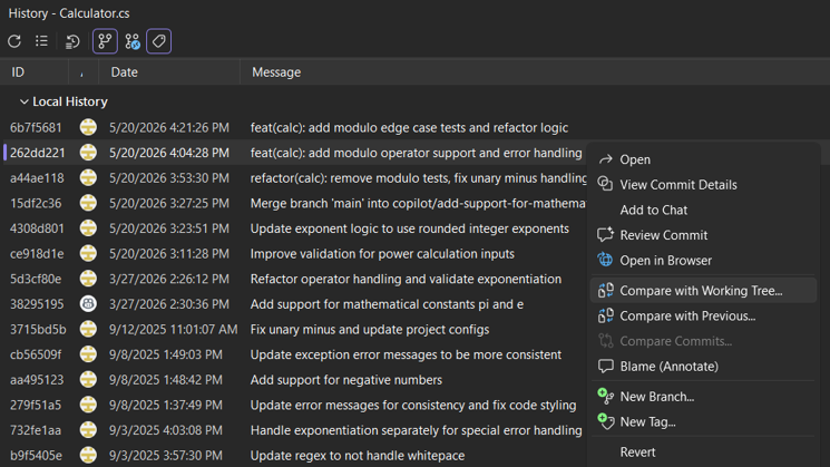Context menu in file history showing Compare with Working Tree