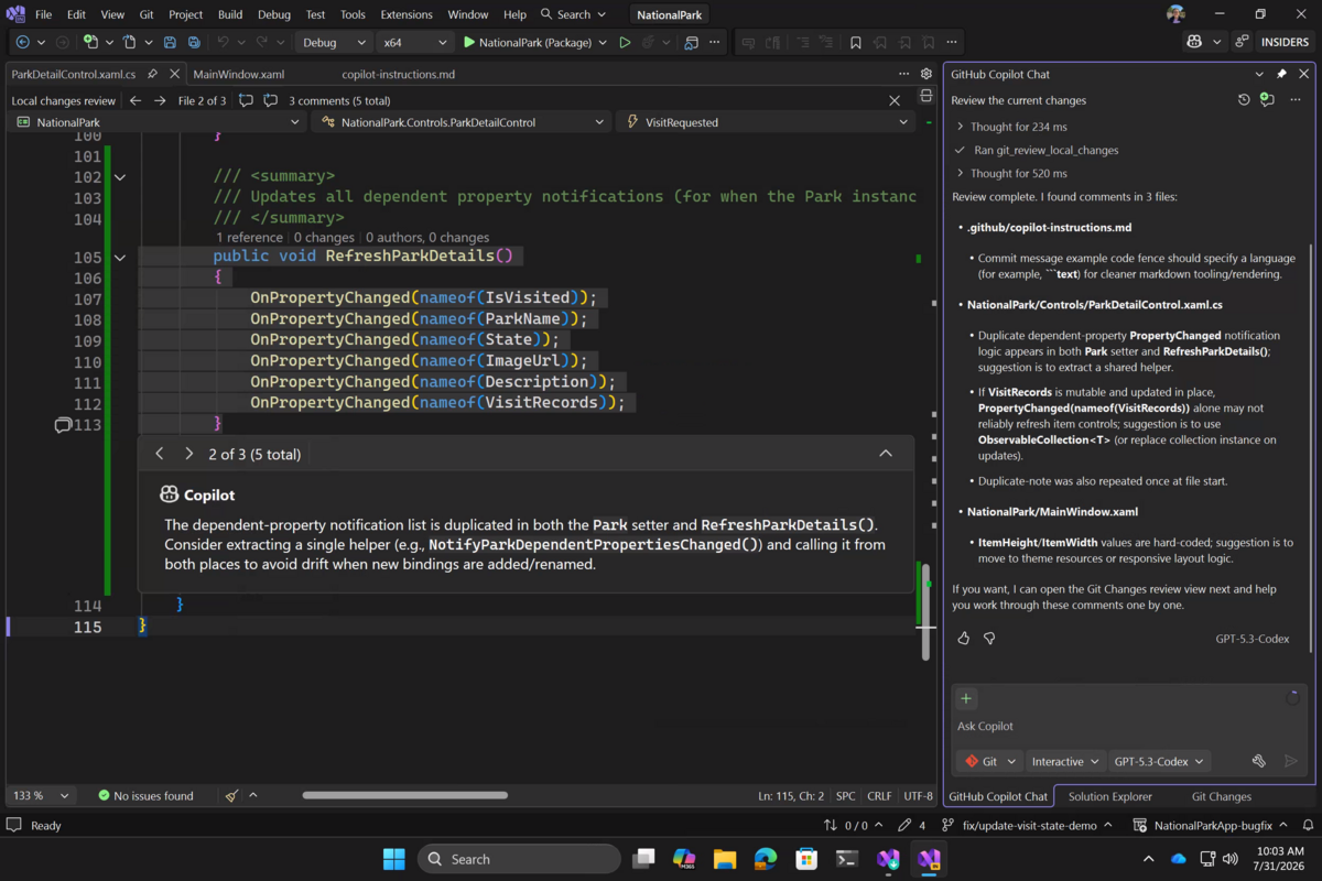 Inline review comments in the editor and a per-file comment list in the Copilot Chat panel