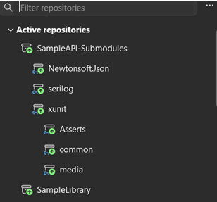 Repository picker showing parent and submodule hierarchy