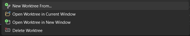 Context menu on a branch showing New Worktree From, Open Worktree in Current Window, Open Worktree in New Window, and Delete Worktree options