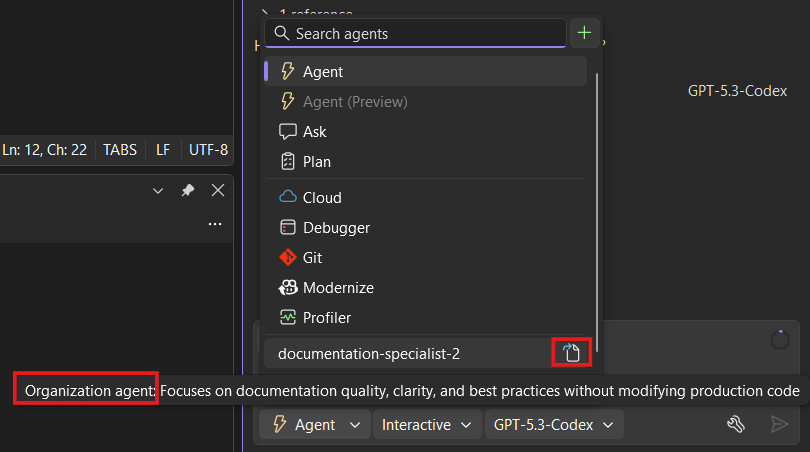 Agent picker dropdown showing organization-level custom agents, descriptions, and definition buttons