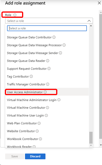 Screenshot of the Add role assignment dialog. The Role menu and User Access Administrator role are highlighted. Choose Role, User access admin