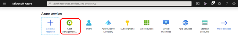 Screenshot of the Azure services menu on the Azure portal. Cost Management is highlighted. Choose Cost Management + Billing under Azure services
