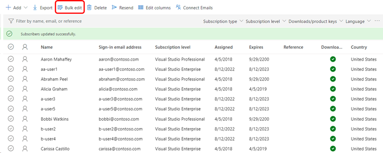Screenshot of the Manage subscribers page in the admin portal. The Bulk edit menu option is highlighted. Select Bulk edit