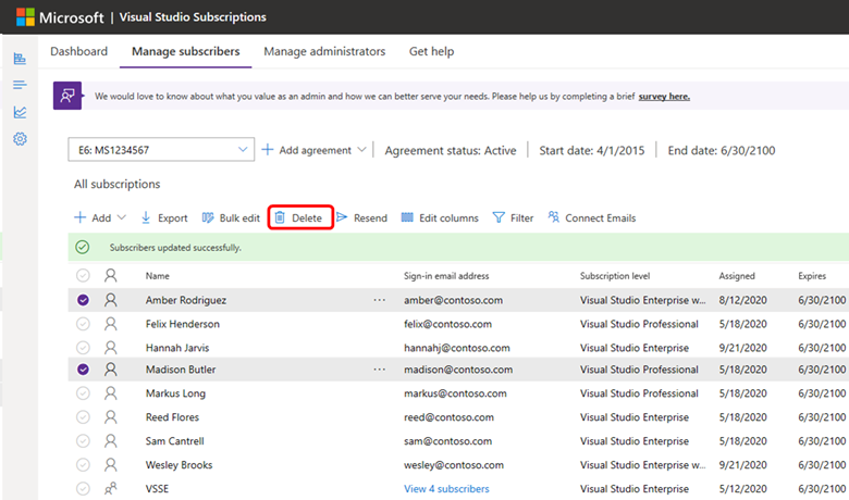 Screenshot of the Manage subscribers page in the admin portal. The Delete menu option is highlighted. Delete subscribers